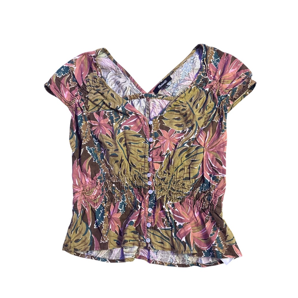 Madewell Womens Tropical Floral Linen Blend Smocked Button Front Top,‎ Size S
